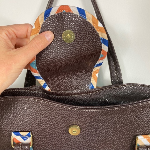 Brown Faux Leather Side Tote Purse w/ Colorful Detailing - Picture 5 of 12